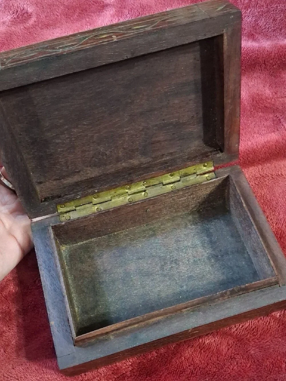 Vintage Hand-Carved Wooden Jewelry Box in Brown with Gold Trim And Brass Inlays